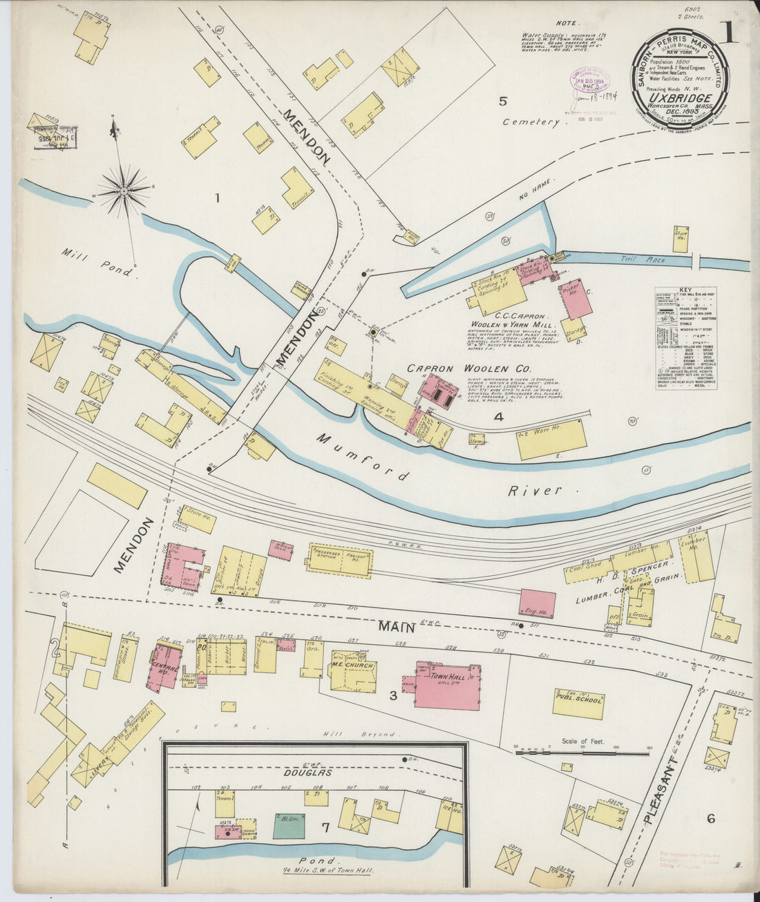 This old map of Sanborn Fire Insurance Map from Uxbridge, Worcester County, Massachusetts from 1893 was created by in 1893