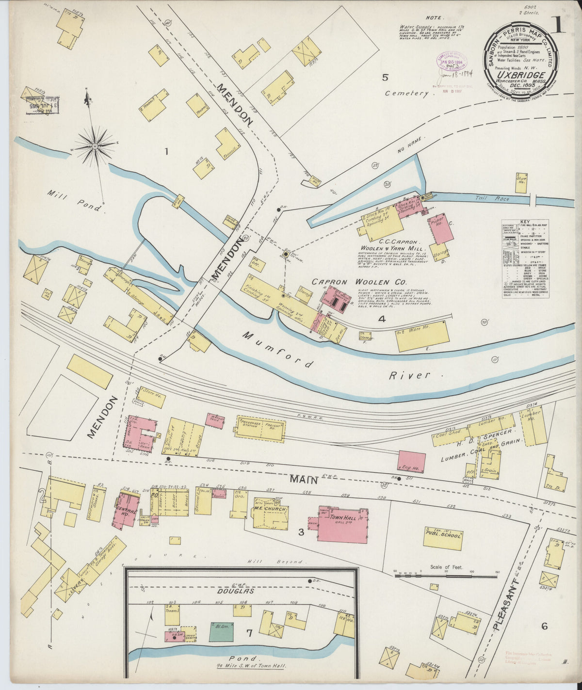 Sanborn Fire Insurance Map from Uxbridge, Worcester County, Massachusetts 1893 by Relic Map Company