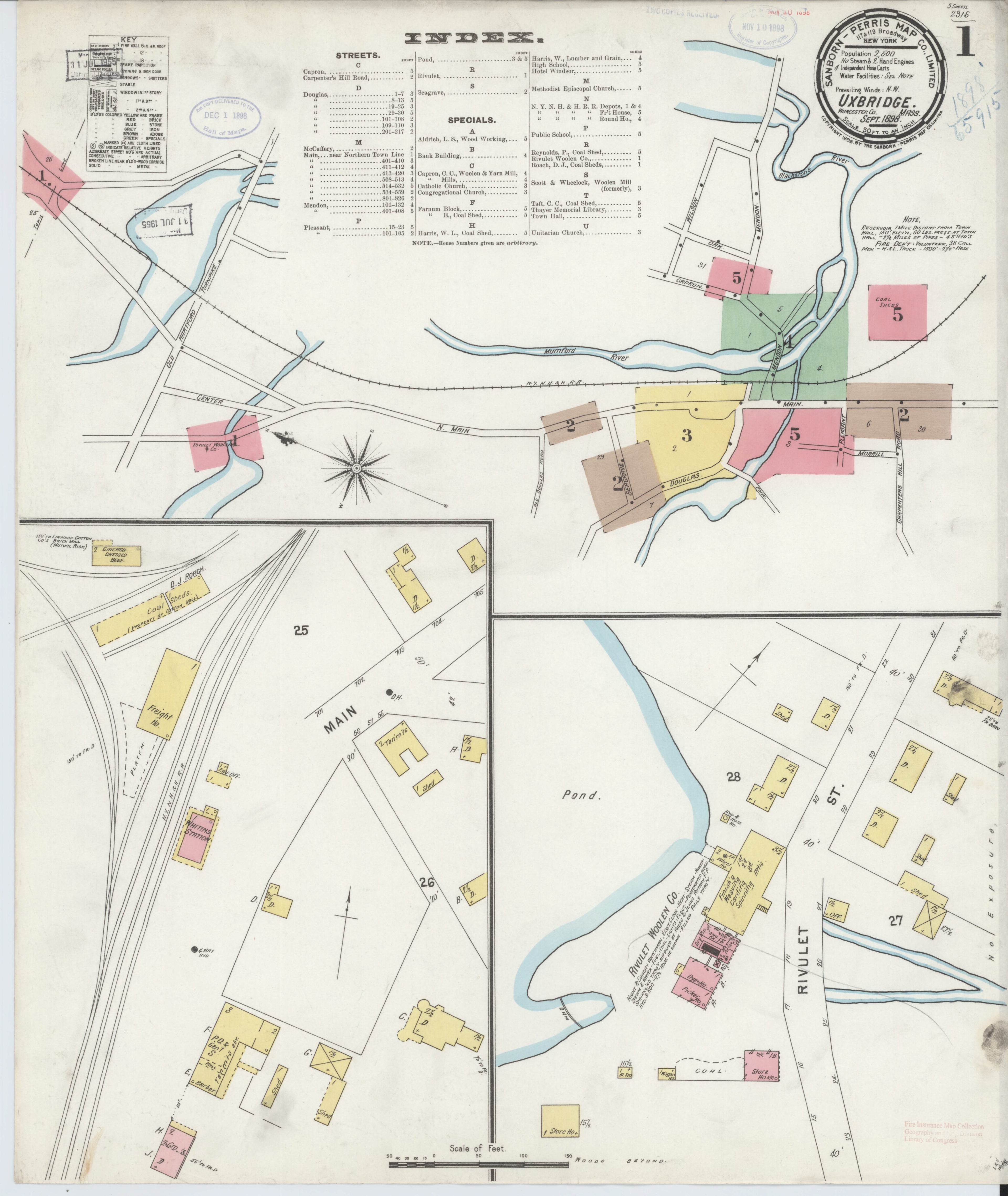 This old map of Sanborn Fire Insurance Map from Uxbridge, Worcester County, Massachusetts from 1898 was created by in 1898