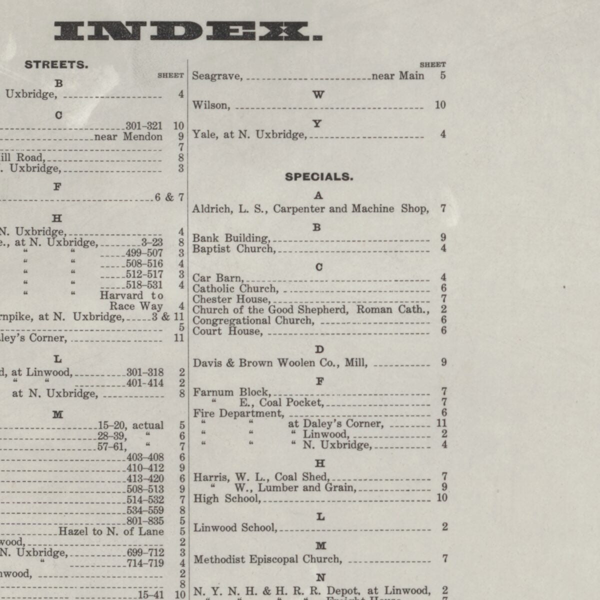 This old map of Sanborn Fire Insurance Map from Uxbridge, Worcester County, Massachusetts from 1909 was created by  in 1909
