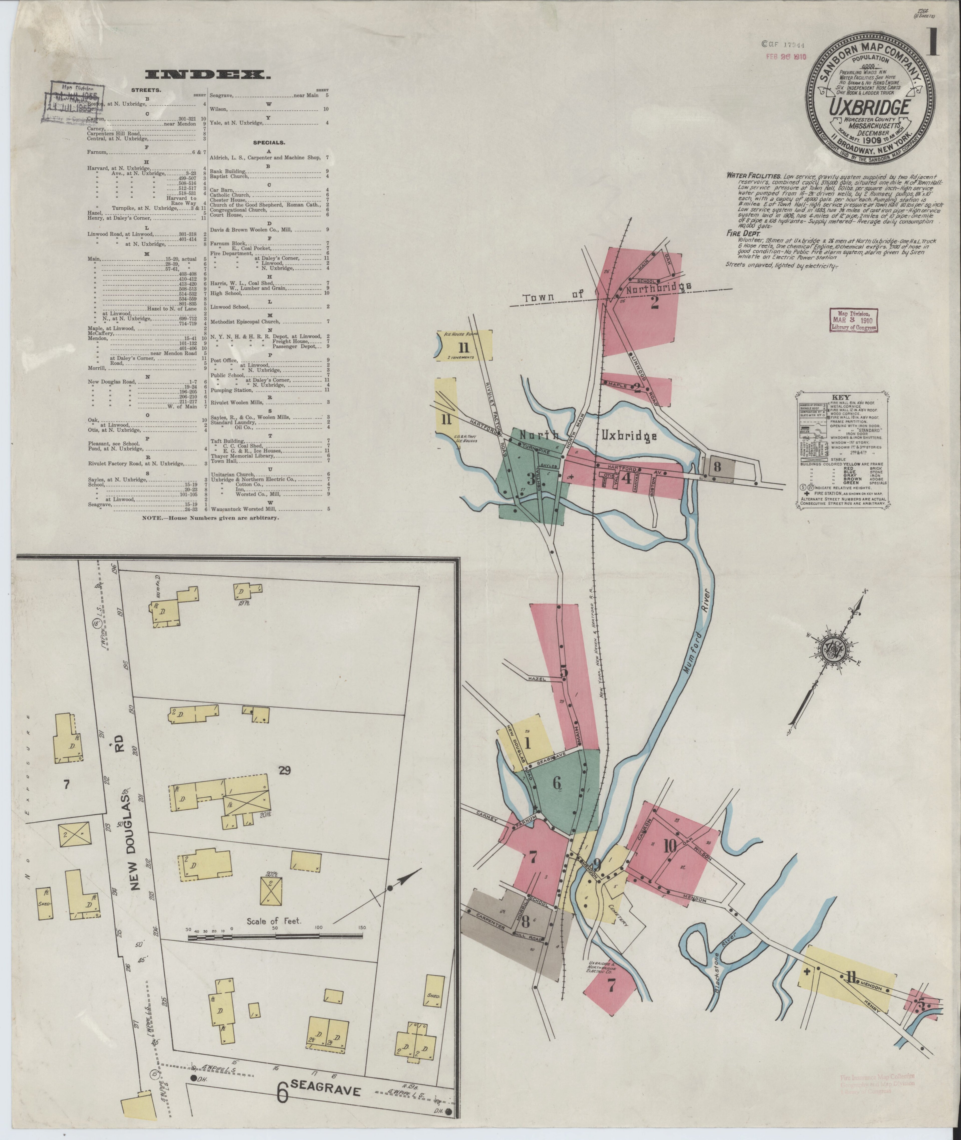 This old map of Sanborn Fire Insurance Map from Uxbridge, Worcester County, Massachusetts from 1909 was created by in 1909