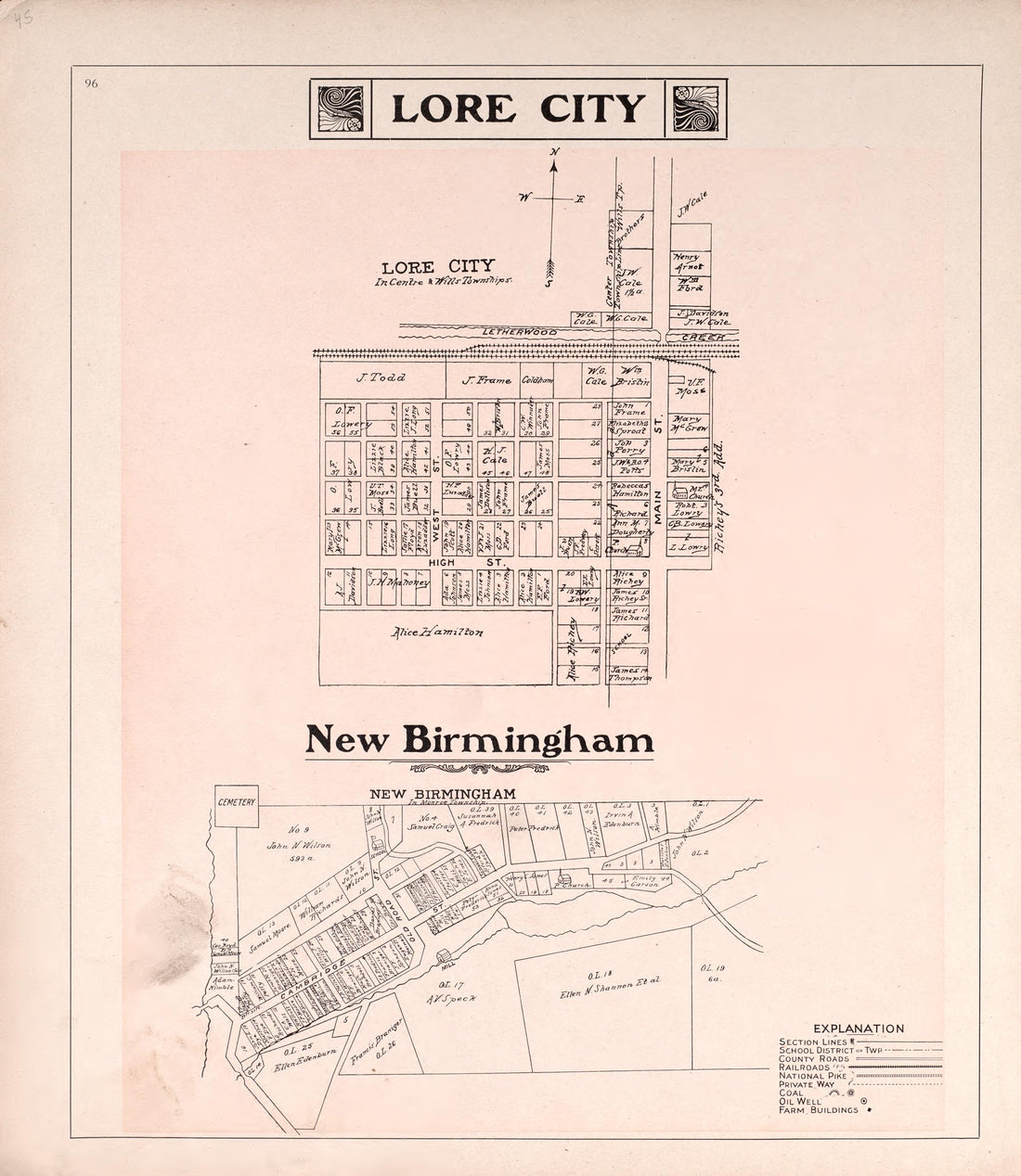 Lore City &amp; New Birmingham from Illustrated Atlas of Guernsey County, Ohio 1902 by Relic Map Company