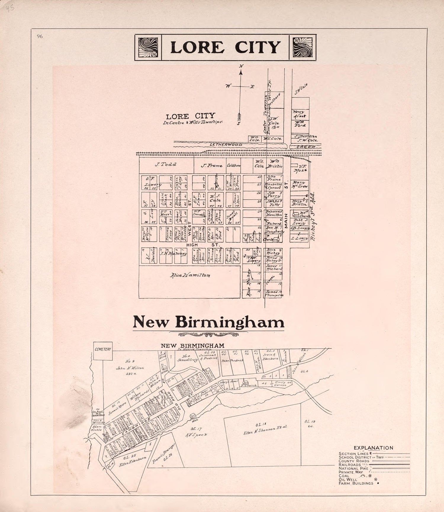 Lore City &amp; New Birmingham from Illustrated Atlas of Guernsey County, Ohio 1902 by Relic Map Company