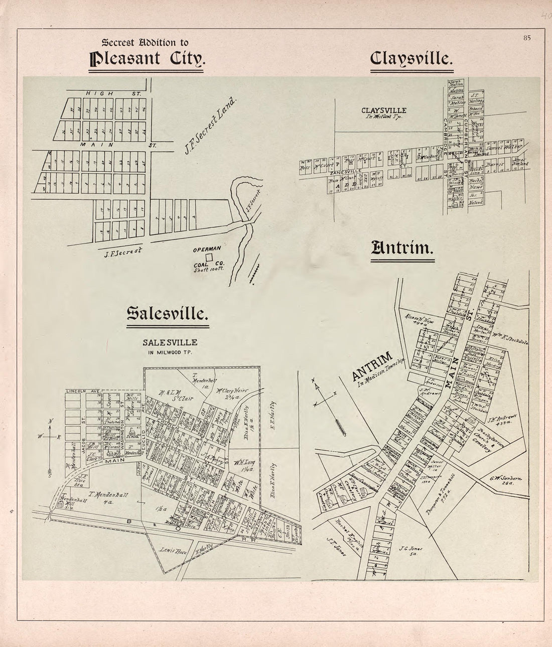 Pleasant City, Claysville, Salesville, &amp; Antrim from Illustrated Atlas of Guernsey County, Ohio 1902 by Relic Map Company