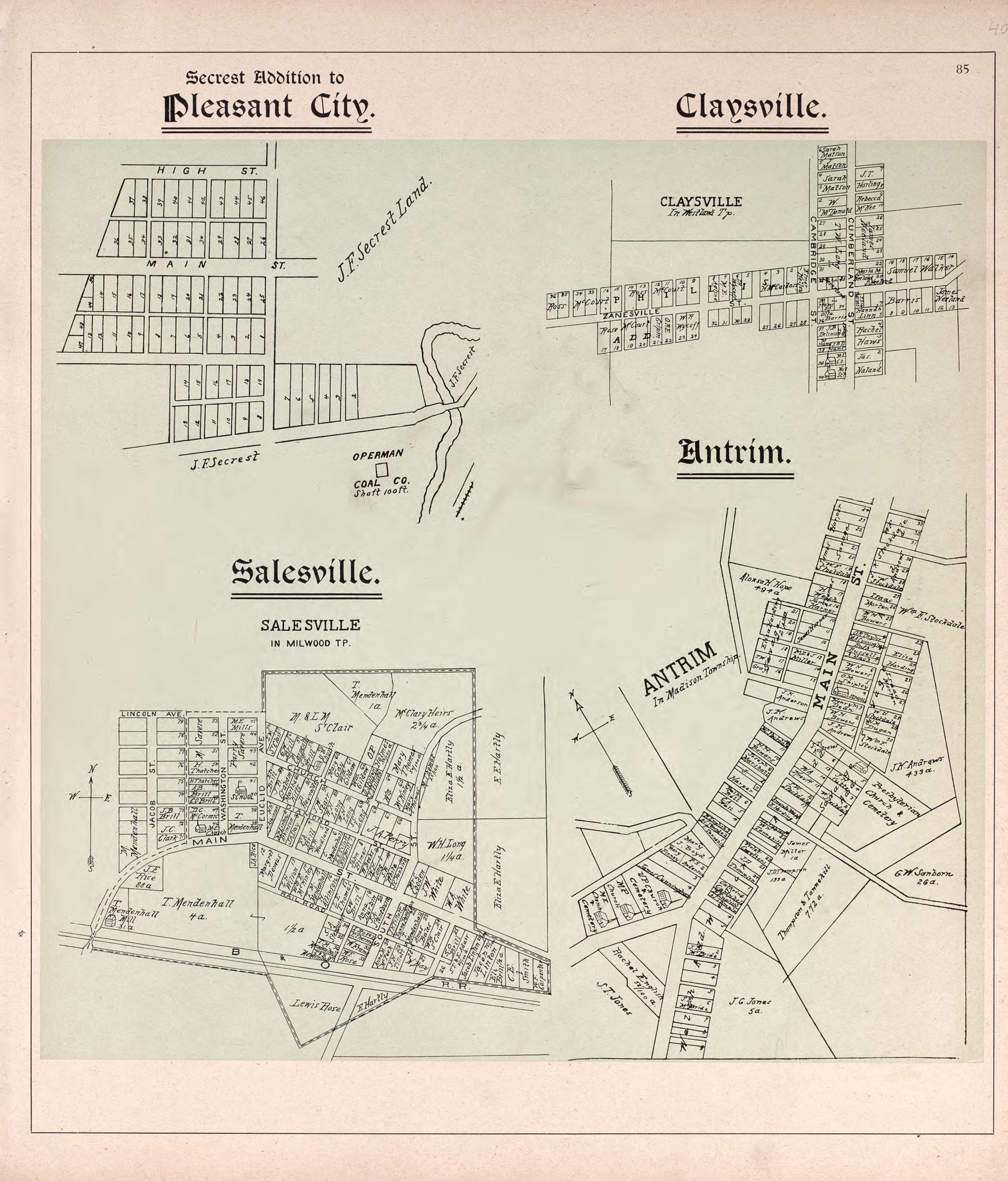 Pleasant City, Claysville, Salesville, &amp; Antrim from Illustrated Atlas of Guernsey County, Ohio 1902 by Relic Map Company