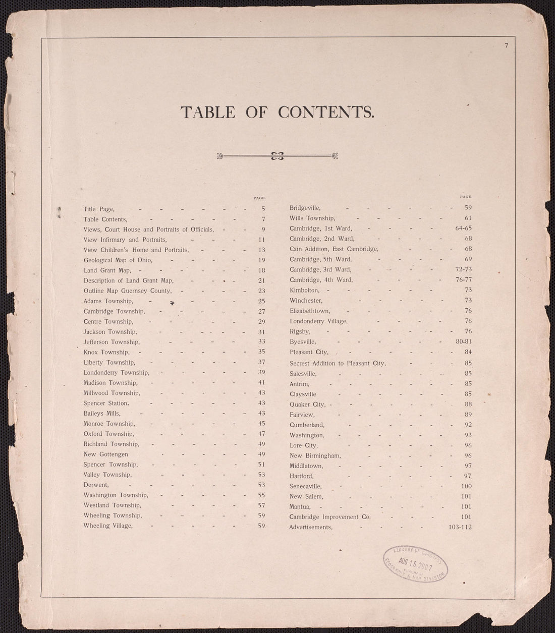 Table of Contents from Illustrated Atlas of Guernsey County, Ohio 1902 by Relic Map Company