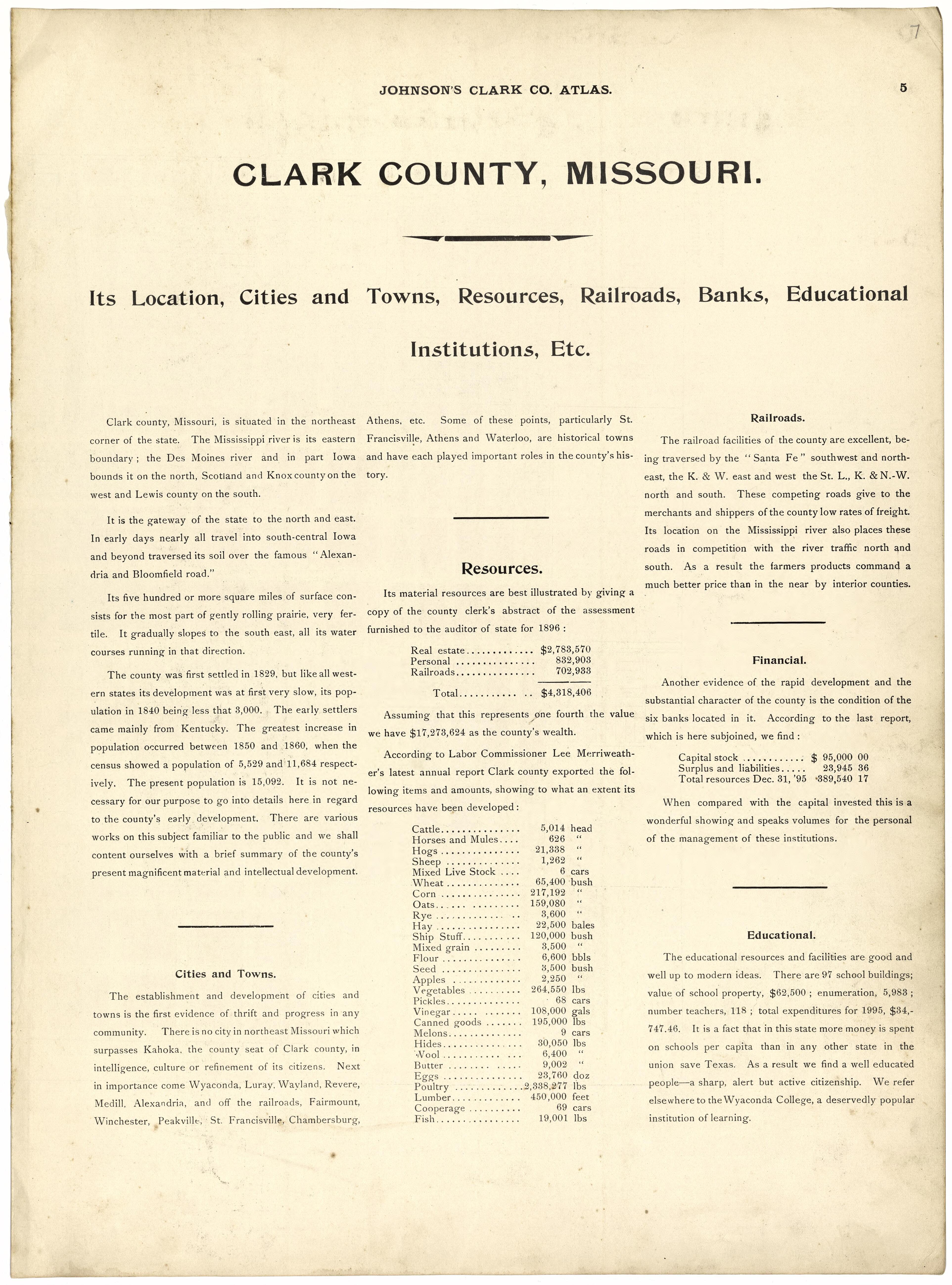 This old map of Clark County, Missouri,  was created by Johnson, G. C.|Western Atlas Co in 1896