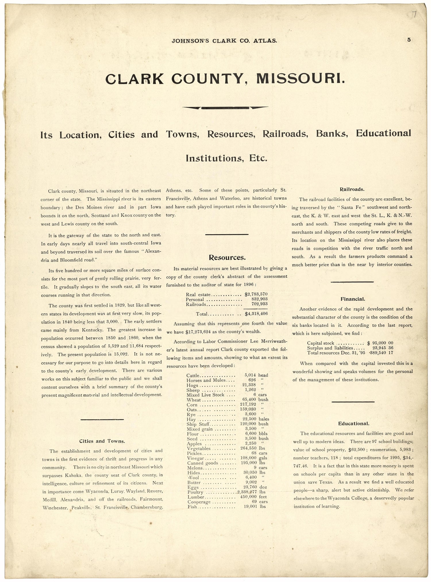 This old map of Clark County, Missouri,  was created by Johnson, G. C.|Western Atlas Co in 1896