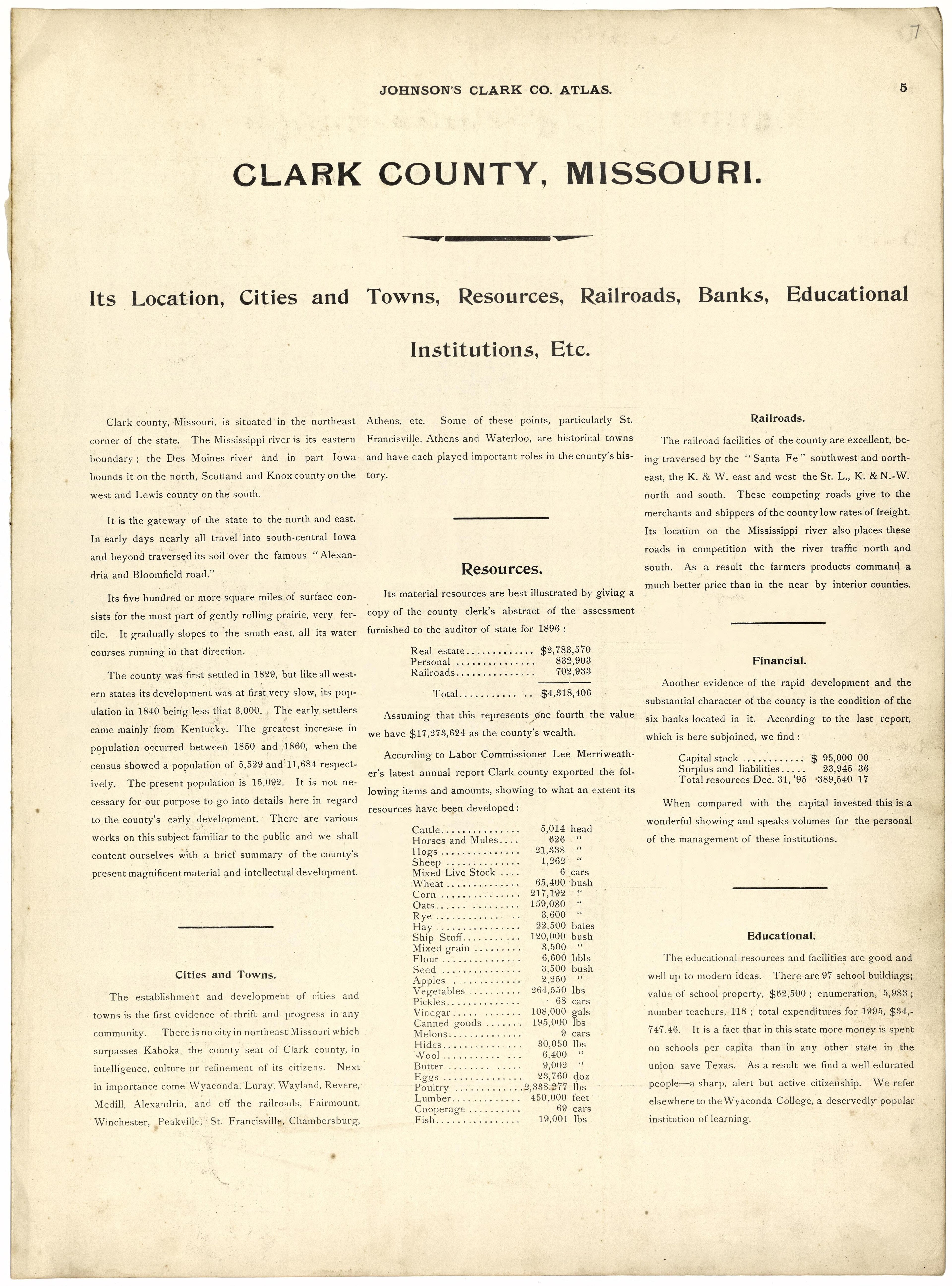 This old map of Clark County, Missouri,  was created by Johnson, G. C.|Western Atlas Co in 1896