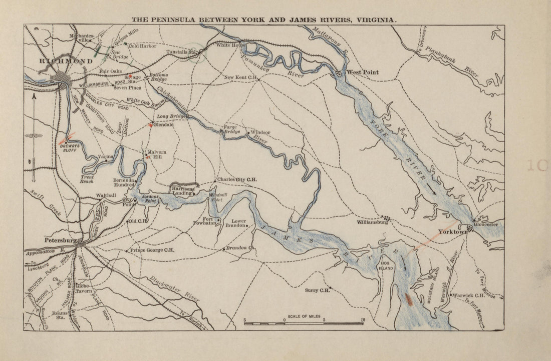 Peninsula Between York and James Rivers, Virginia from Campaigns of the American Civil War--atlas 1914 by Relic Map Company