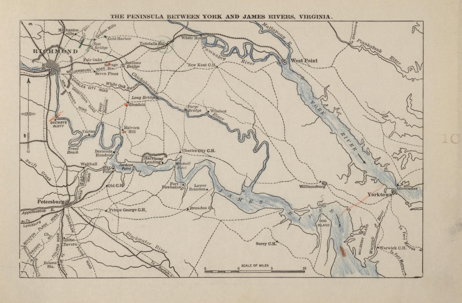 Peninsula Between York and James Rivers, Virginia from Campaigns of the American Civil War--atlas 1914 by Relic Map Company
