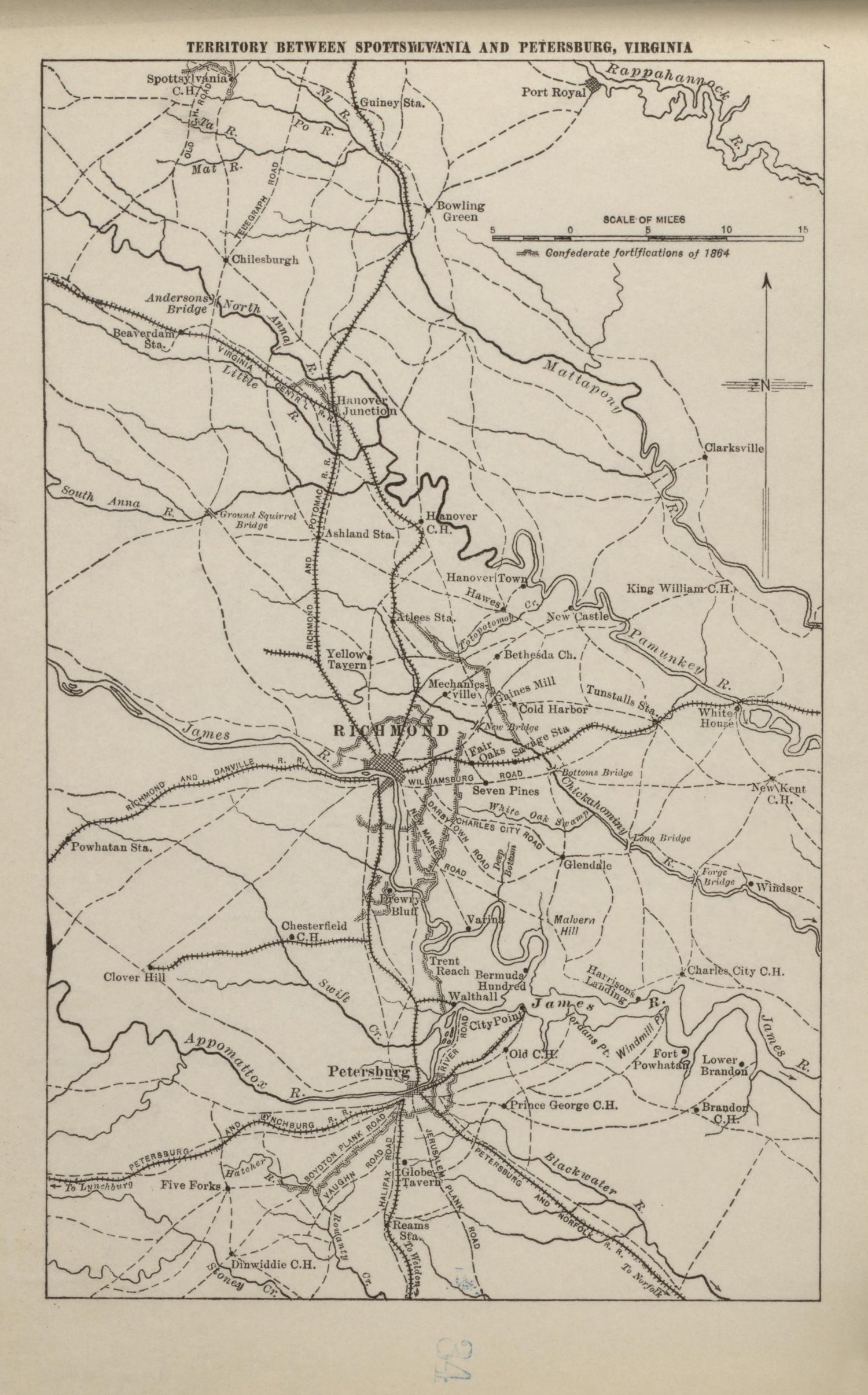 Territory Between Spotsylvania and Petersburg, Virginia from Campaigns of the American Civil War--atlas 1914 by Relic Map Company