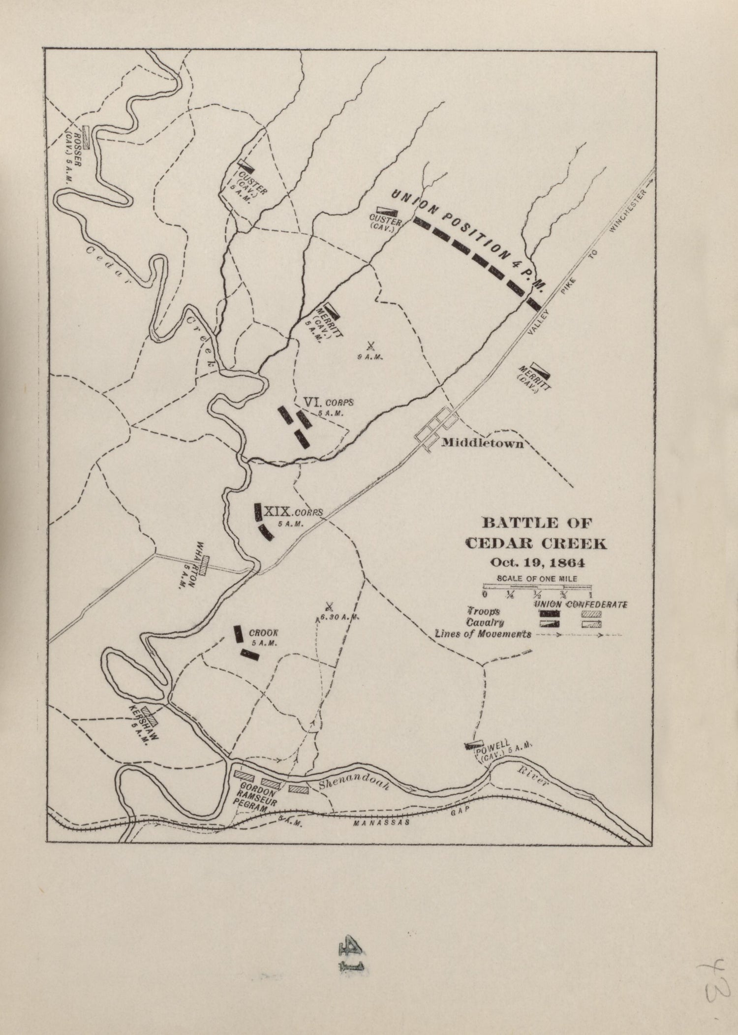 Battle of Cedar Creek, Oct. 19, 1864 from Campaigns of the American Civil War--atlas 1914 by Relic Map Company