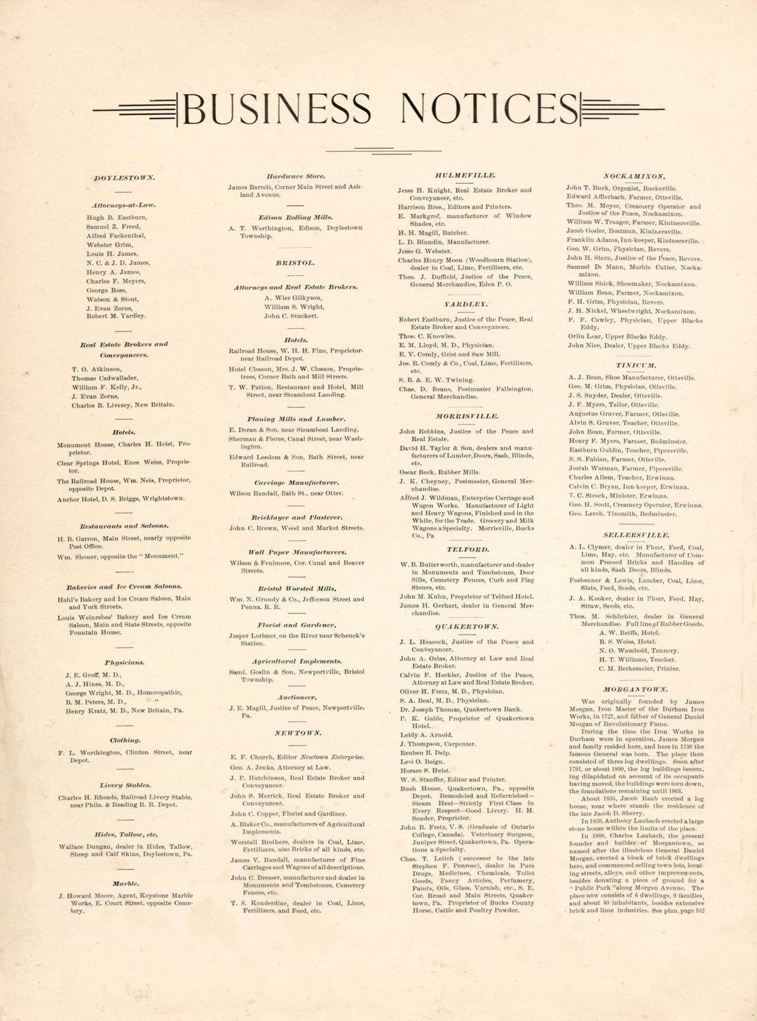 Business Notices from Atlas of Bucks County, Pennsylvania 1891 by Relic Map Company