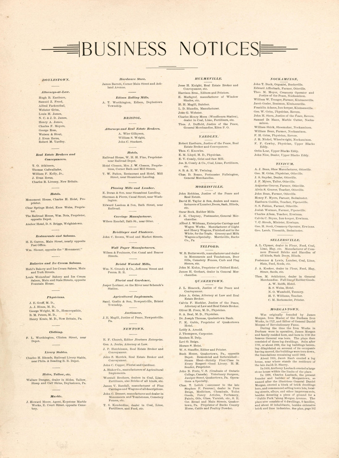 Business Notices from Atlas of Bucks County, Pennsylvania 1891 by Relic Map Company