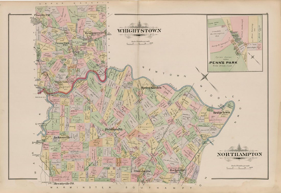 Wrightstown; Northhampton from Atlas of Bucks County, Pennsylvania 1891 by Relic Map Company