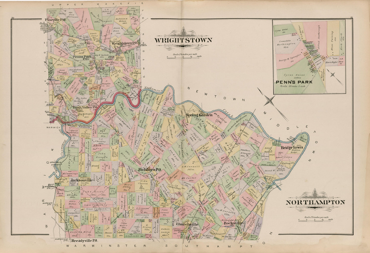 Wrightstown; Northhampton from Atlas of Bucks County, Pennsylvania 1891 by Relic Map Company