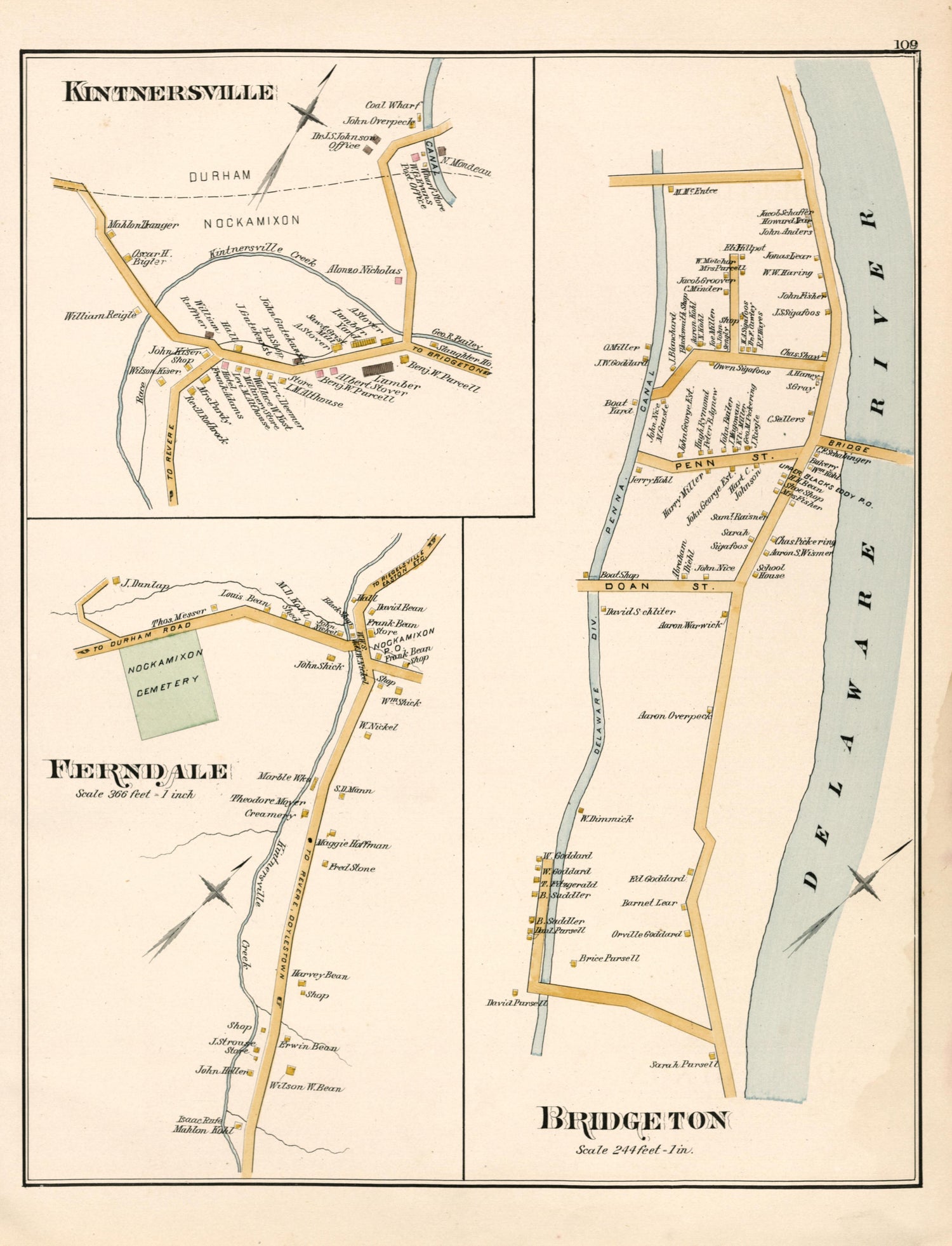 Kintnersville; Ferndale; Bridgeton from Atlas of Bucks County, Pennsylvania 1891 by Relic Map Company