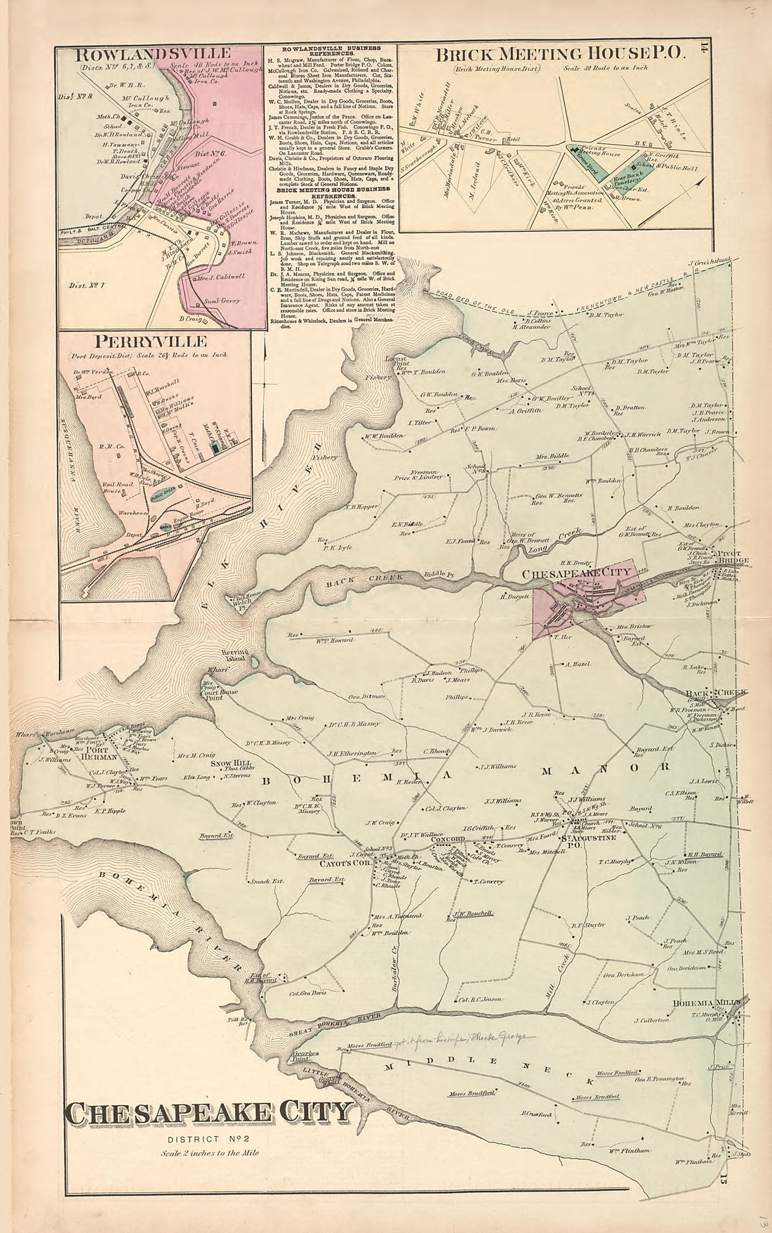 Rowlandsville - Brick Meeting House P.O. - Perryville - Chesapeake City from an Illustrated Atlas of Cecil County, Maryland 1877 by Relic Map Company