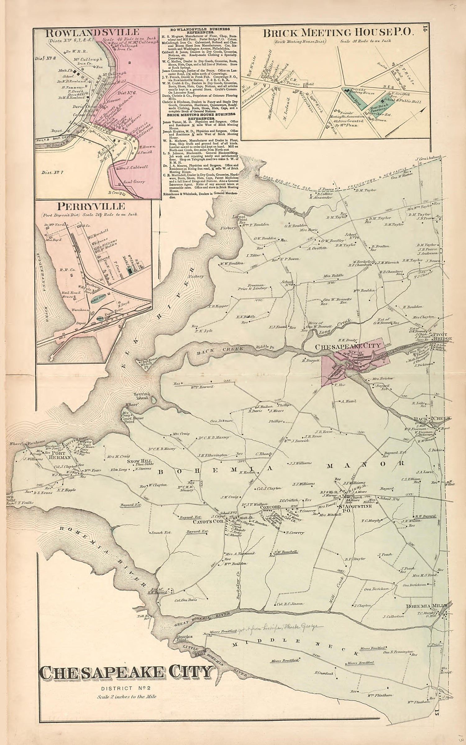 Rowlandsville - Brick Meeting House P.O. - Perryville - Chesapeake City from an Illustrated Atlas of Cecil County, Maryland 1877 by Relic Map Company