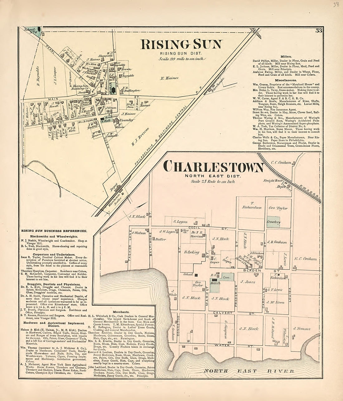 Rising Sun - Charlestown from an Illustrated Atlas of Cecil County, Maryland 1877 by Relic Map Company