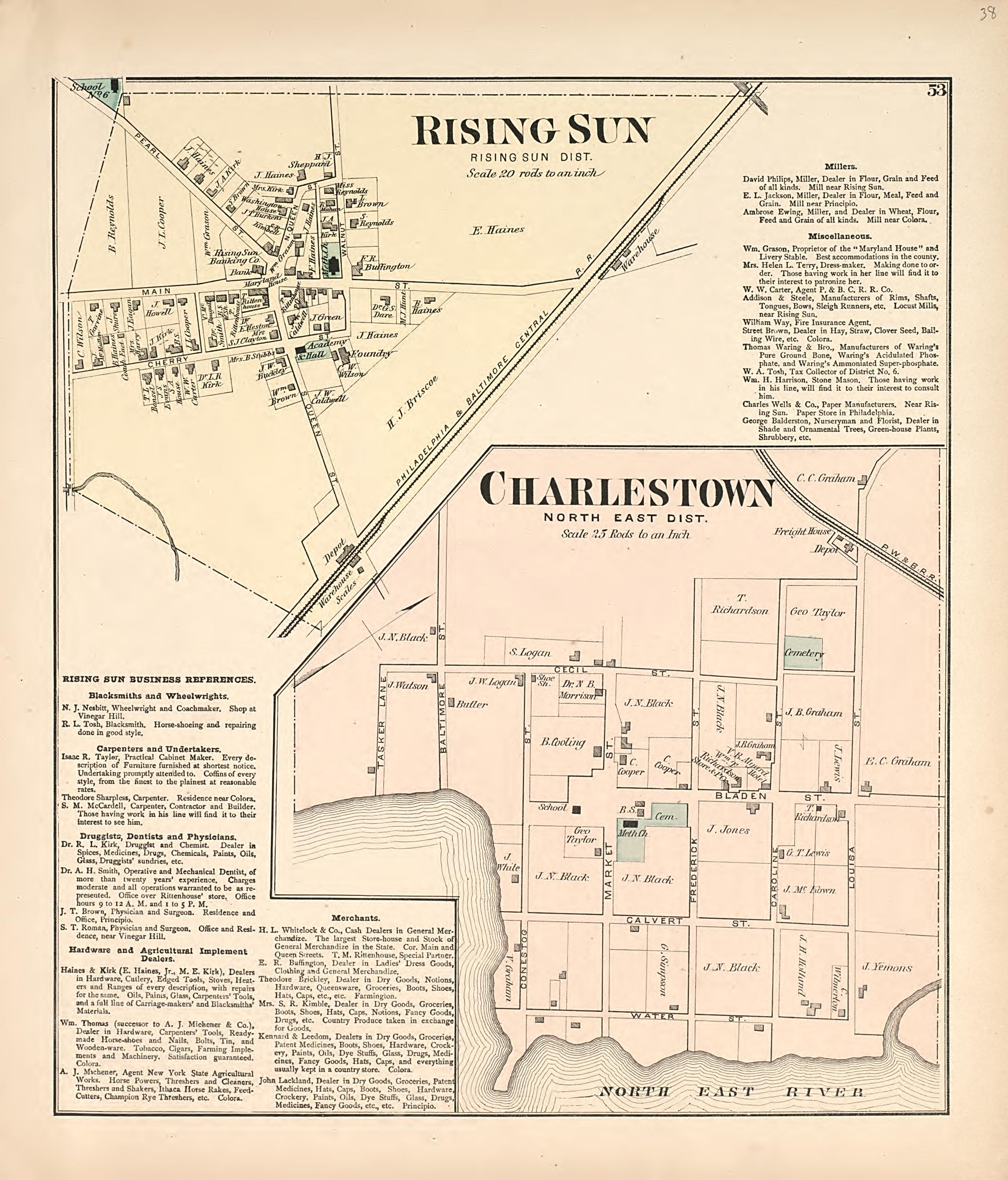 Rising Sun - Charlestown from an Illustrated Atlas of Cecil County, Maryland 1877 by Relic Map Company