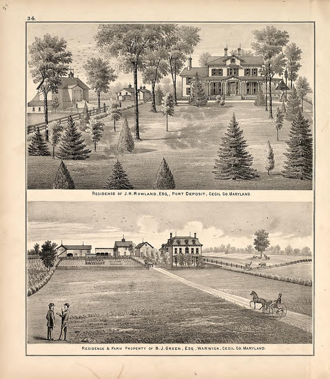 2 Views from an Illustrated Atlas of Cecil County, Maryland 1877 by Relic Map Company