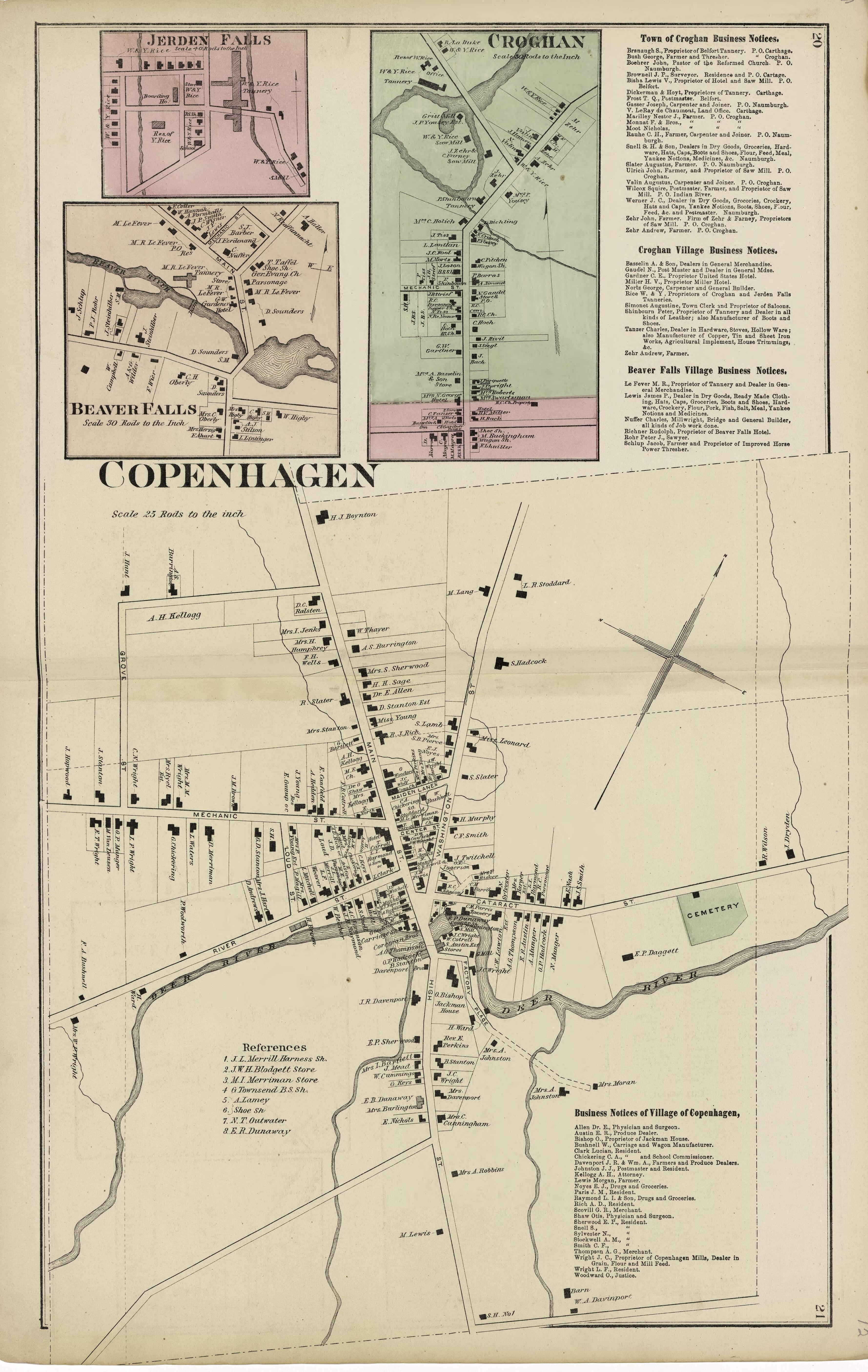 Copenhagen; Croghan; Beaver Falls; Jerden Falls from Atlas of Lewis County, New York 1875 by Relic Map Company
