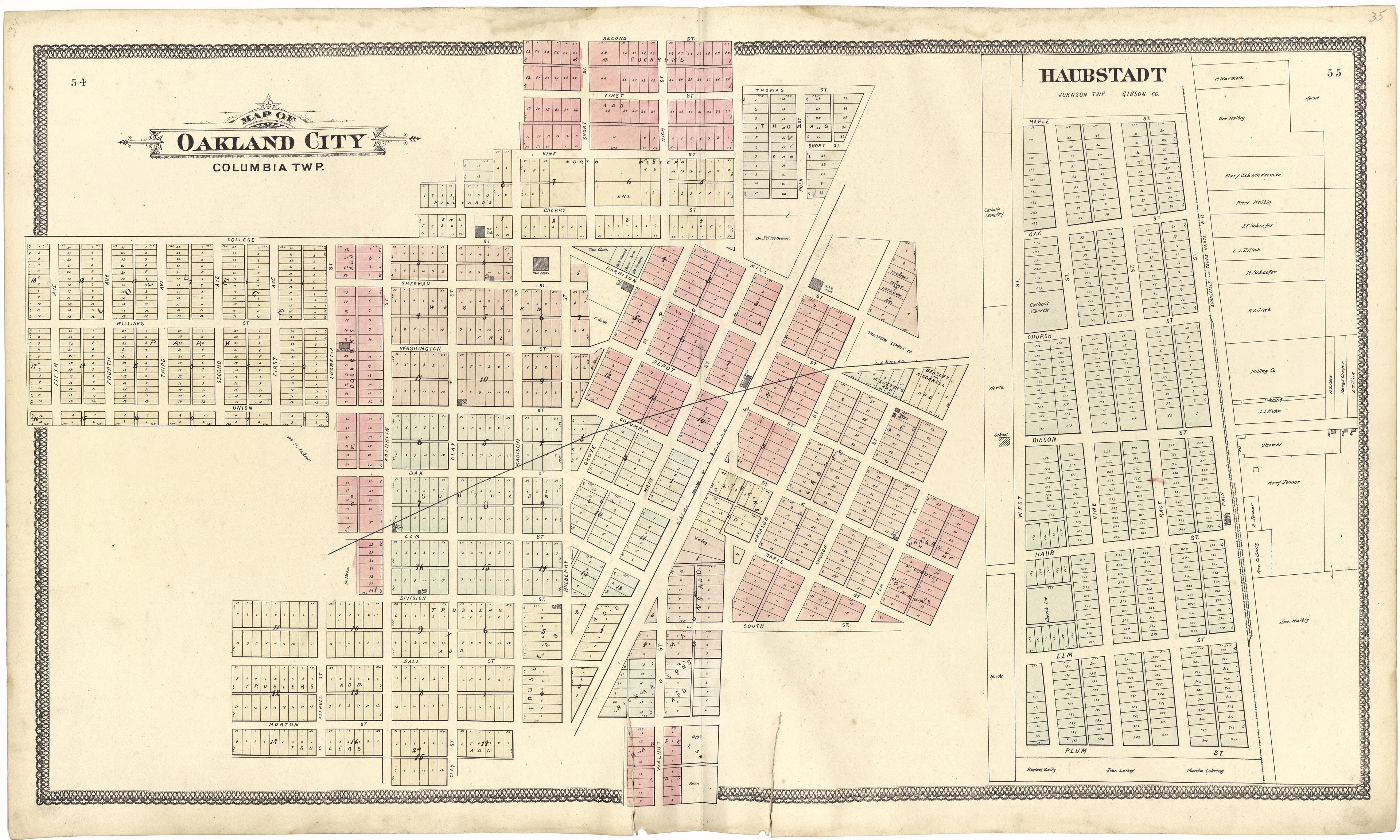 Map of Oakland City from an Illustrated Standard Atlas of Gibson County, Indiana 1899 by Relic Map Company
