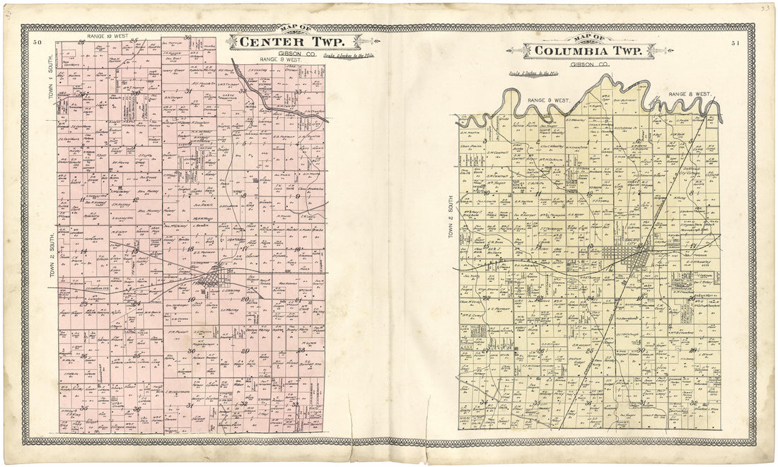 Map of Center Township; Map of Columbia Township from an Illustrated Standard Atlas of Gibson County, Indiana 1899 by Relic Map Company