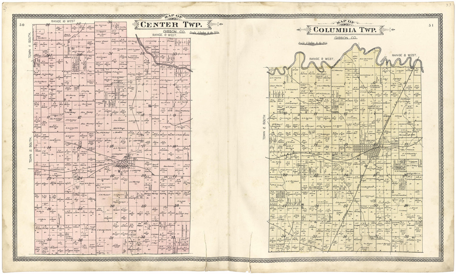 Map of Center Township; Map of Columbia Township from an Illustrated Standard Atlas of Gibson County, Indiana 1899 by Relic Map Company