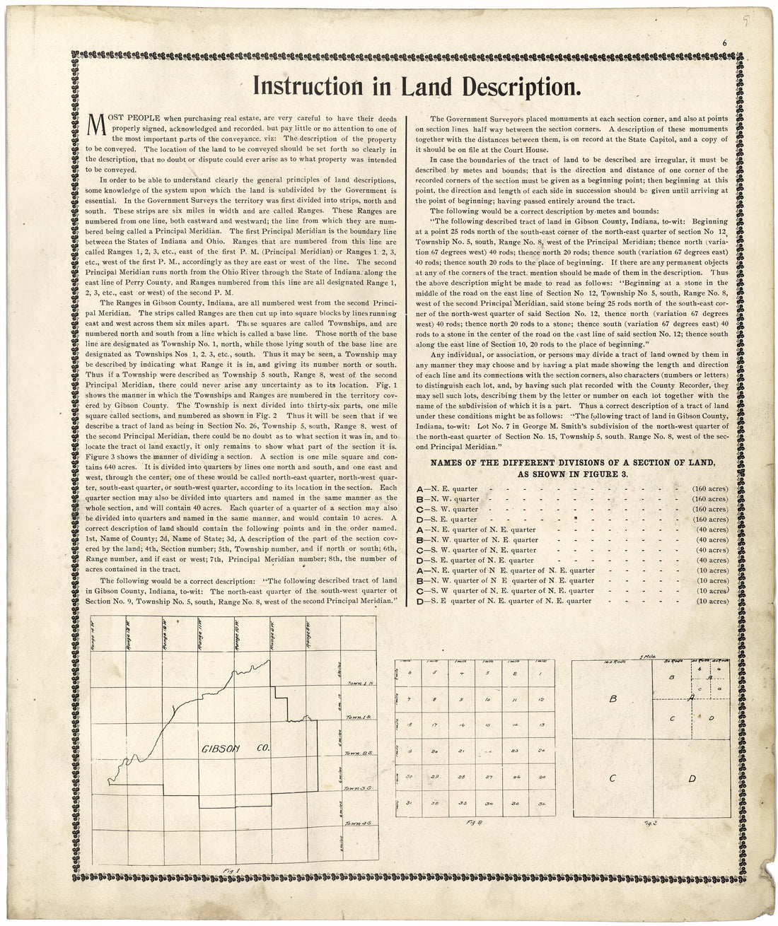 Instruction In Land Description from an Illustrated Standard Atlas of Gibson County, Indiana 1899 by Relic Map Company
