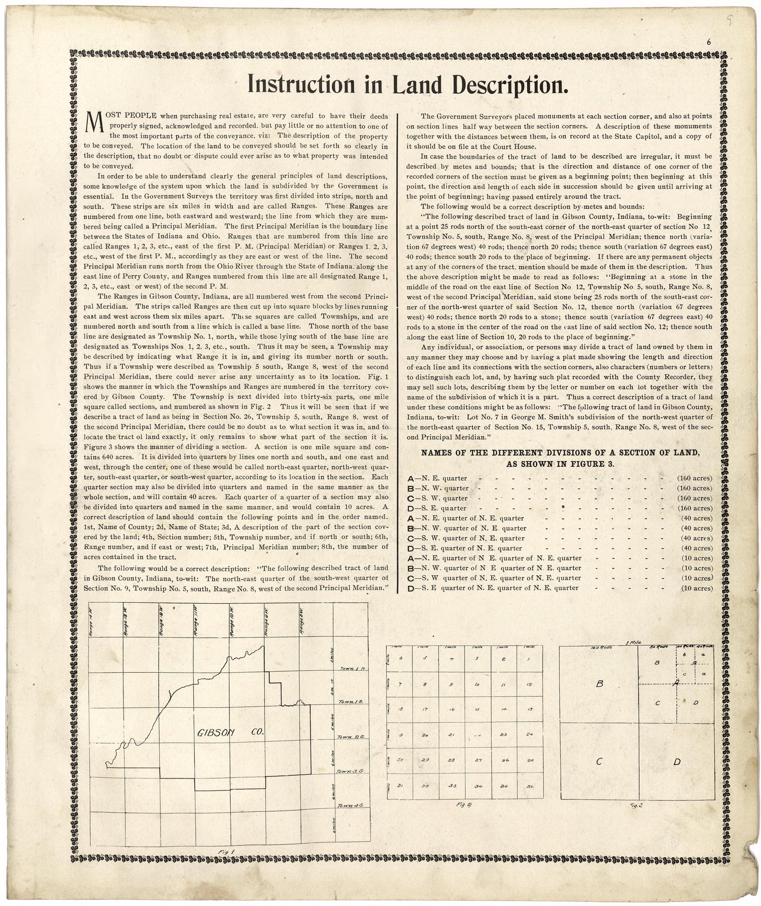 Instruction In Land Description from an Illustrated Standard Atlas of Gibson County, Indiana 1899 by Relic Map Company