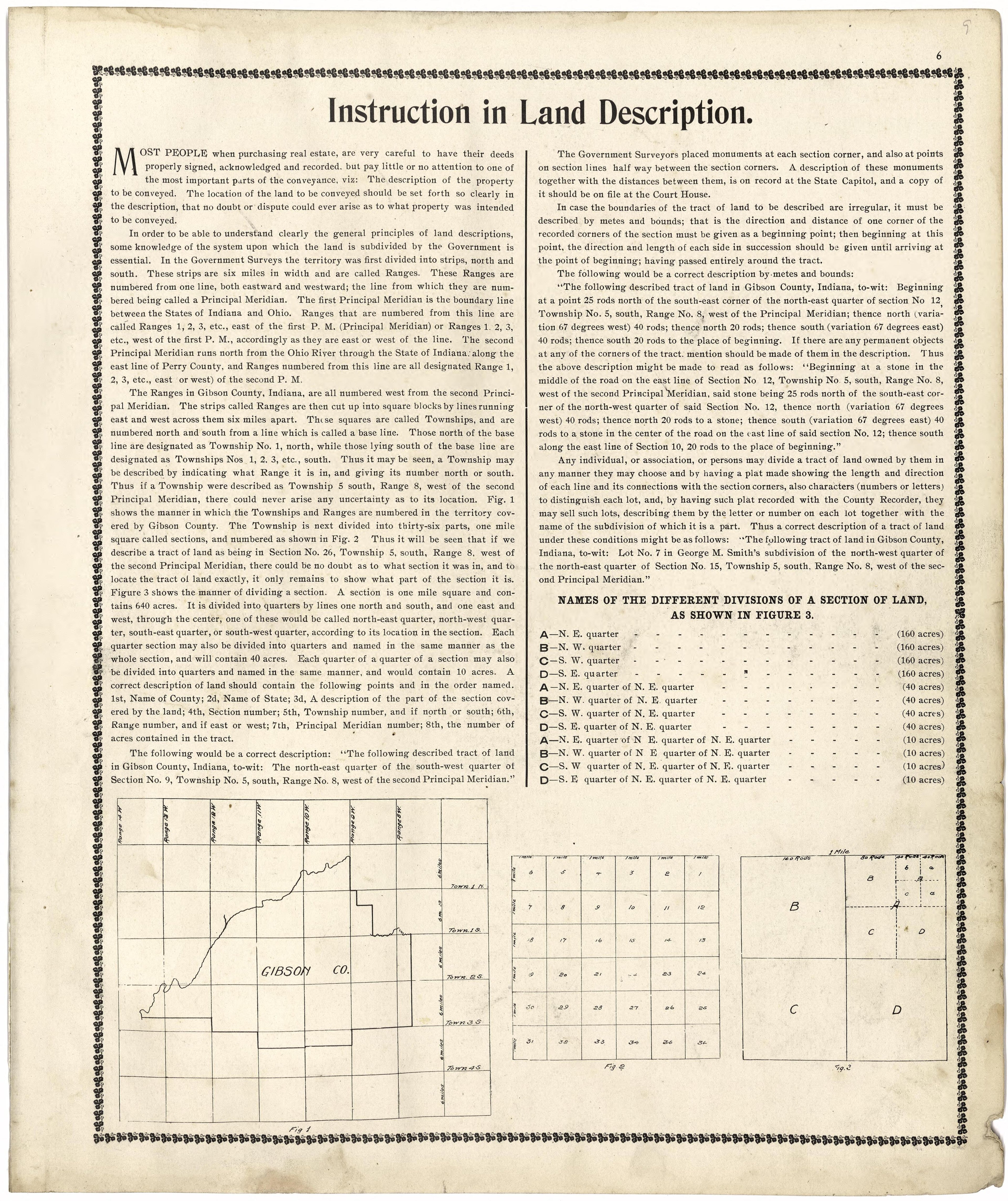 Instruction In Land Description from an Illustrated Standard Atlas of Gibson County, Indiana 1899 by Relic Map Company