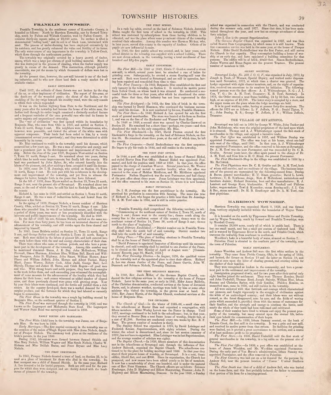 Township Histories (continued) from Combination Atlas Map of Kosciusko County, Indiana 1879 by Relic Map Company