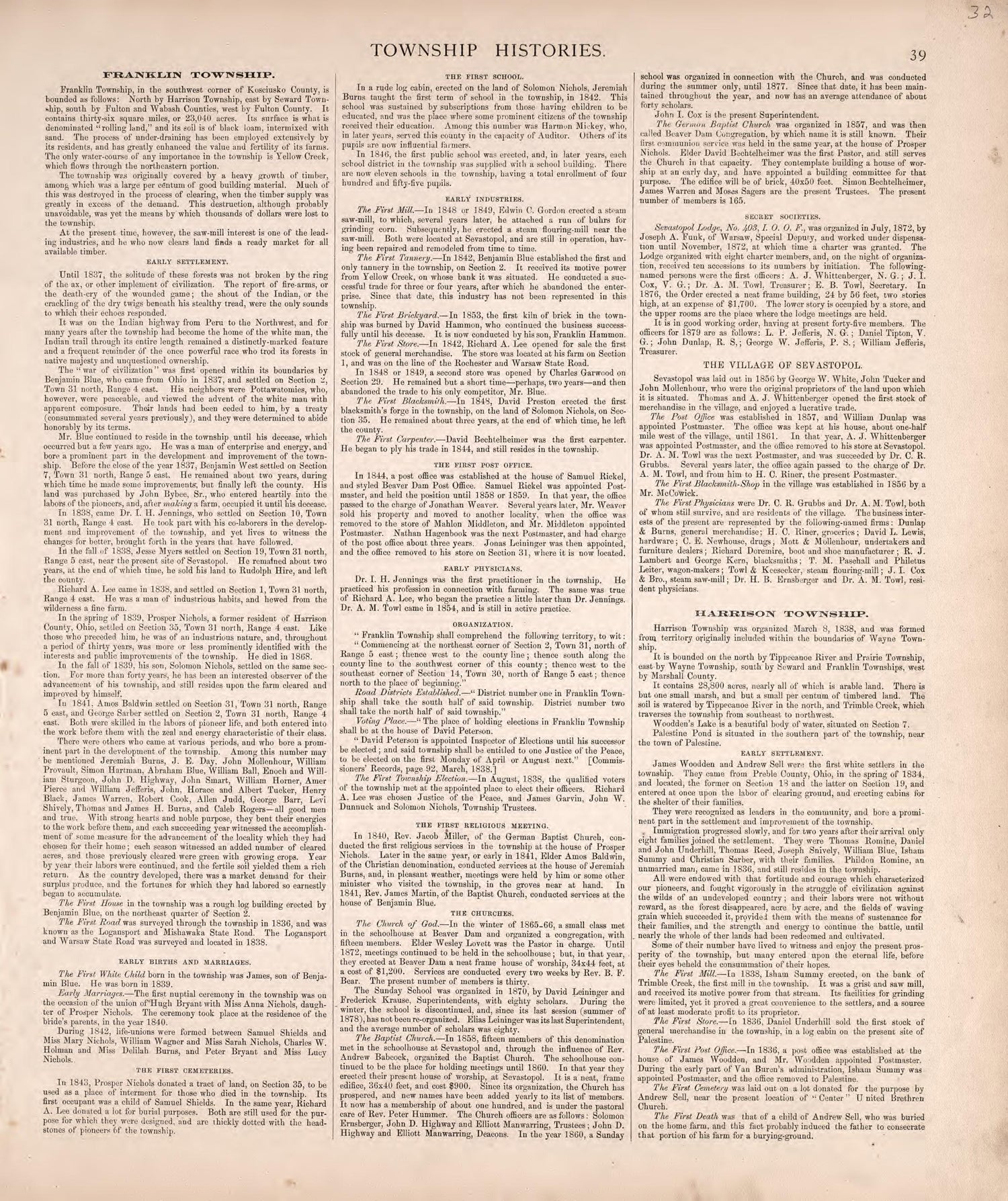 Township Histories (continued) from Combination Atlas Map of Kosciusko County, Indiana 1879 by Relic Map Company
