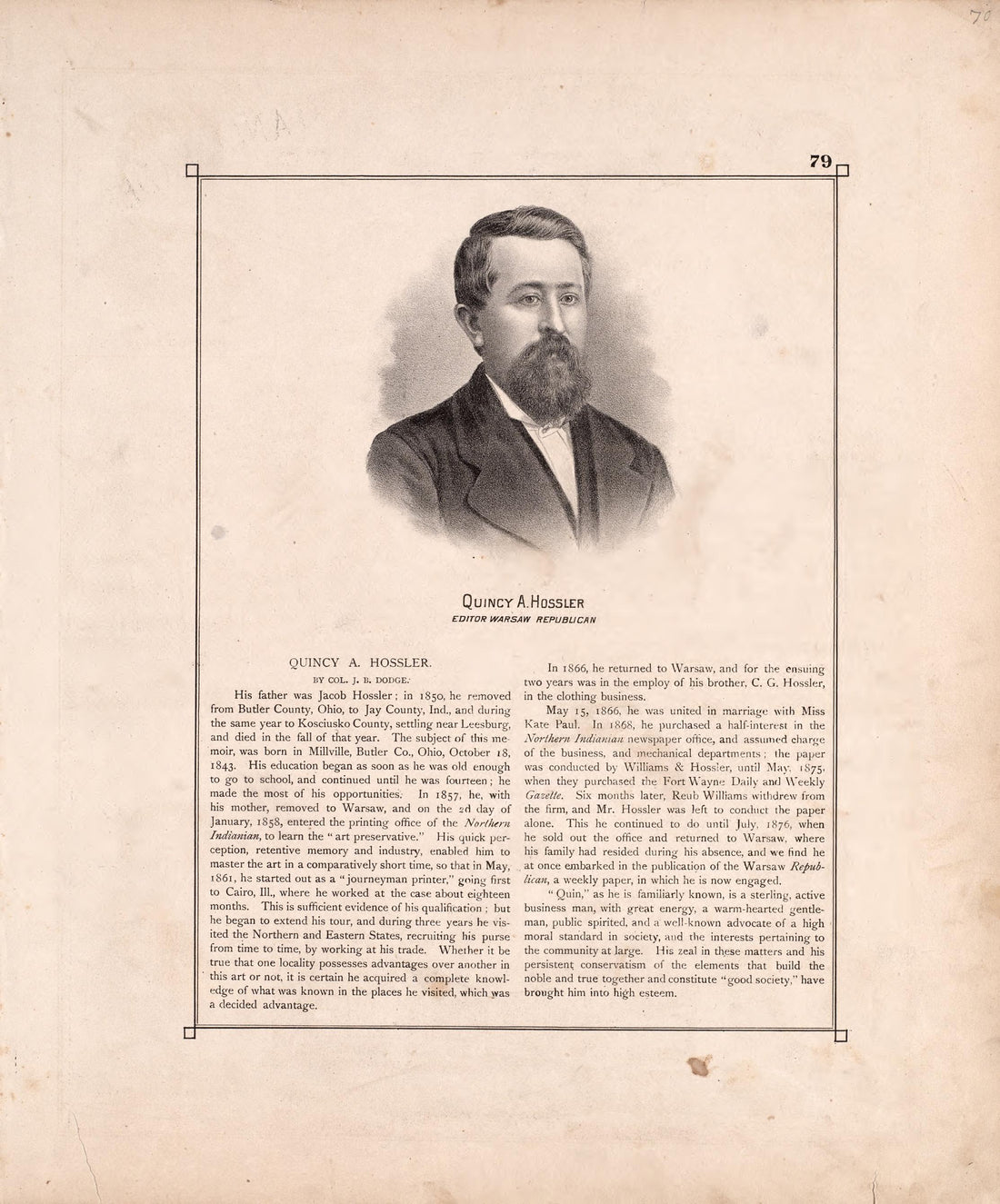 Sketch: Quincy A. Hossler from Combination Atlas Map of Kosciusko County, Indiana 1879 by Relic Map Company