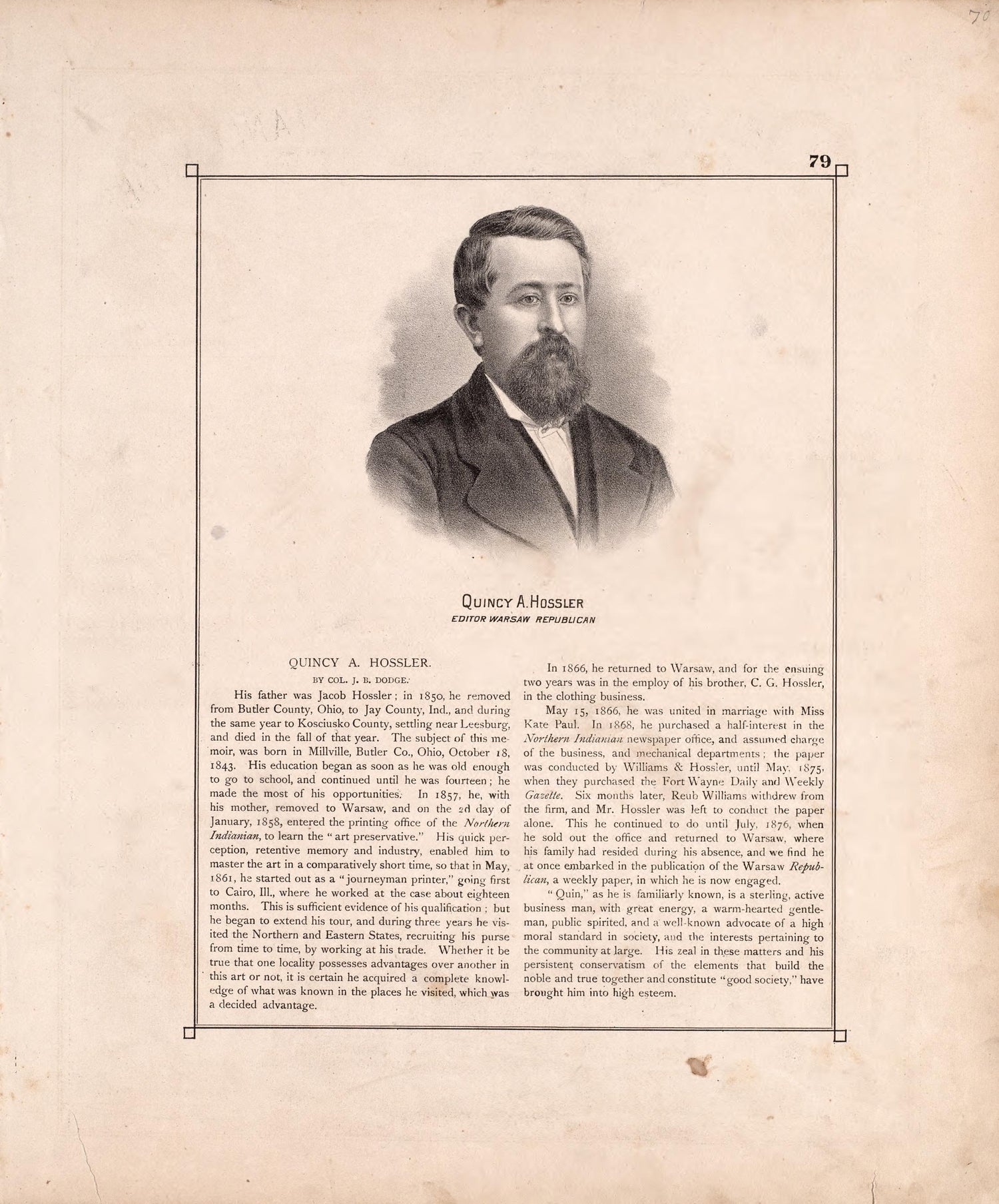 Sketch: Quincy A. Hossler from Combination Atlas Map of Kosciusko County, Indiana 1879 by Relic Map Company
