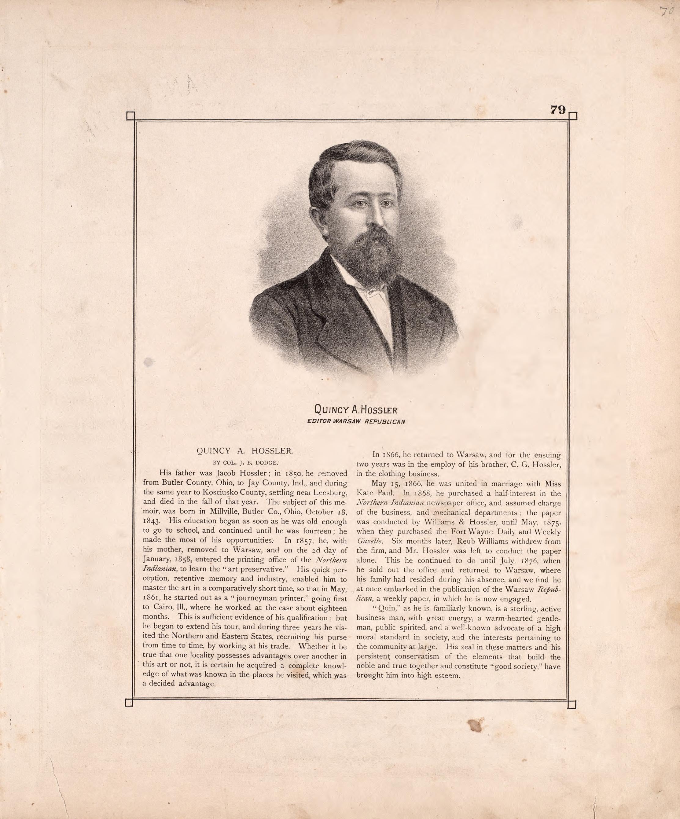 Sketch: Quincy A. Hossler from Combination Atlas Map of Kosciusko County, Indiana 1879 by Relic Map Company