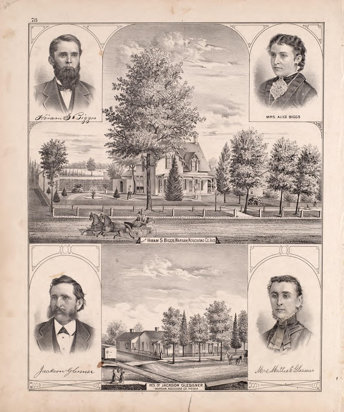 Multiple Residence Sketches (continued) from Combination Atlas Map of Kosciusko County, Indiana 1879 by Relic Map Company