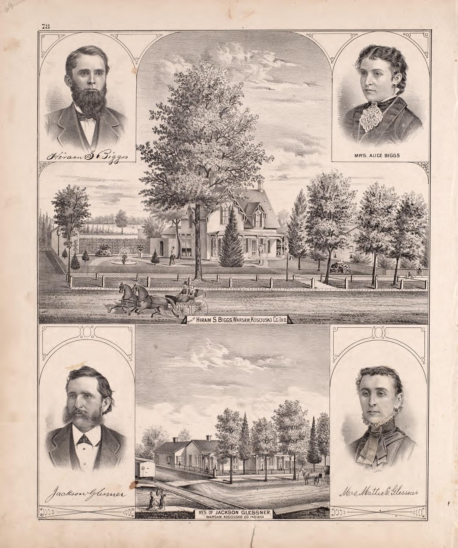 Multiple Residence Sketches (continued) from Combination Atlas Map of Kosciusko County, Indiana 1879 by Relic Map Company