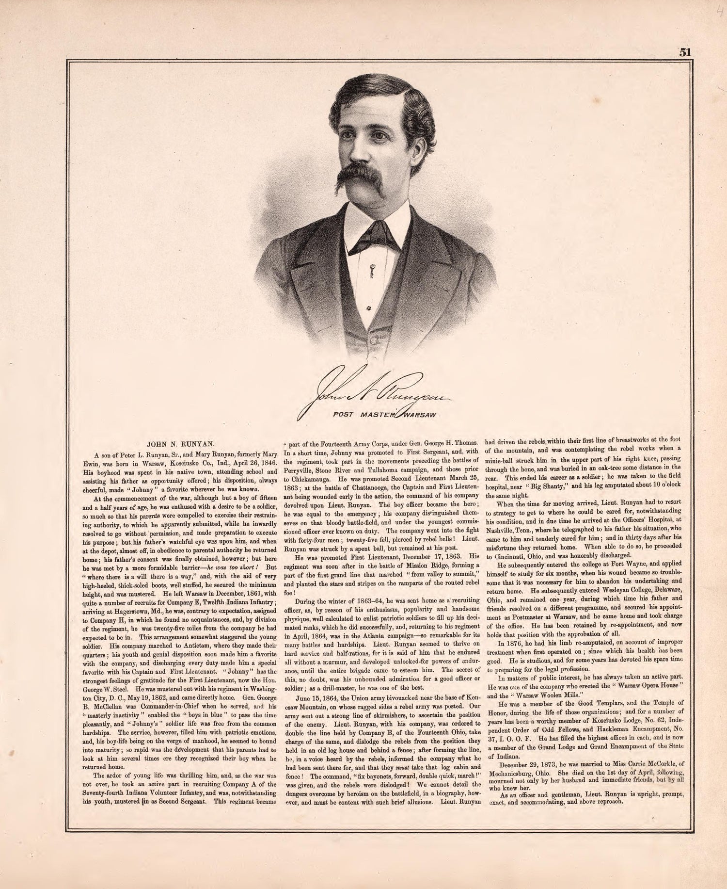 Sketch: John N. Runyan from Combination Atlas Map of Kosciusko County, Indiana 1879 by Relic Map Company