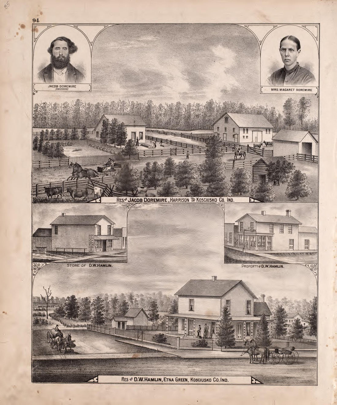 Multiple Residence Sketches (continued) from Combination Atlas Map of Kosciusko County, Indiana 1879 by Relic Map Company