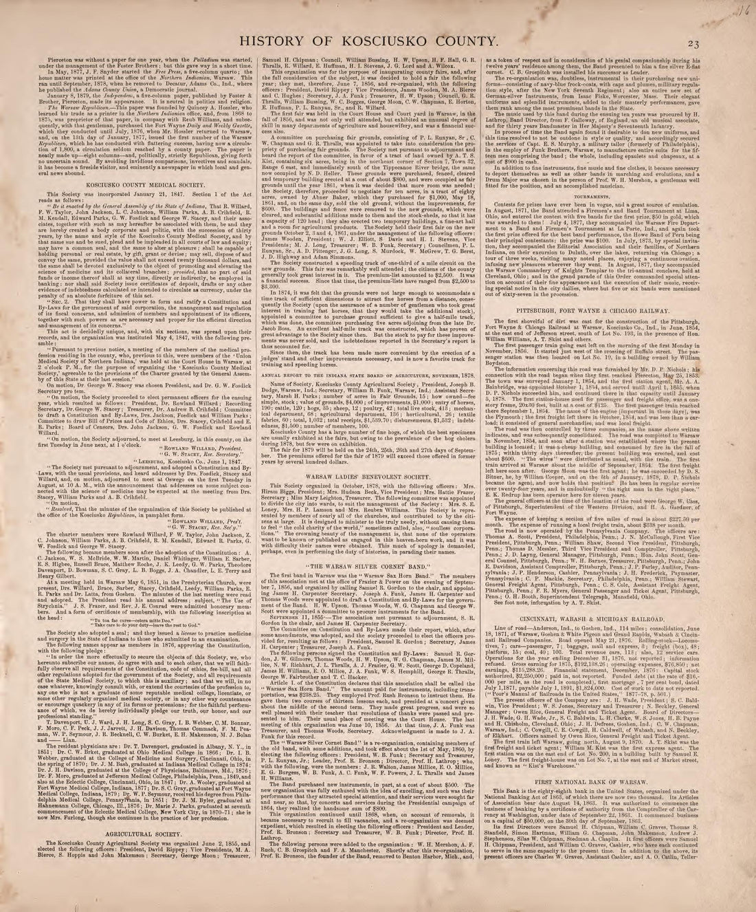 History of Kosciusko County (continued) from Combination Atlas Map of Kosciusko County, Indiana 1879 by Relic Map Company