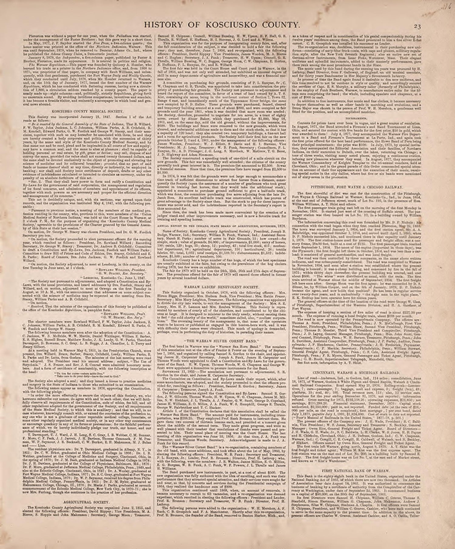 History of Kosciusko County (continued) from Combination Atlas Map of Kosciusko County, Indiana 1879 by Relic Map Company