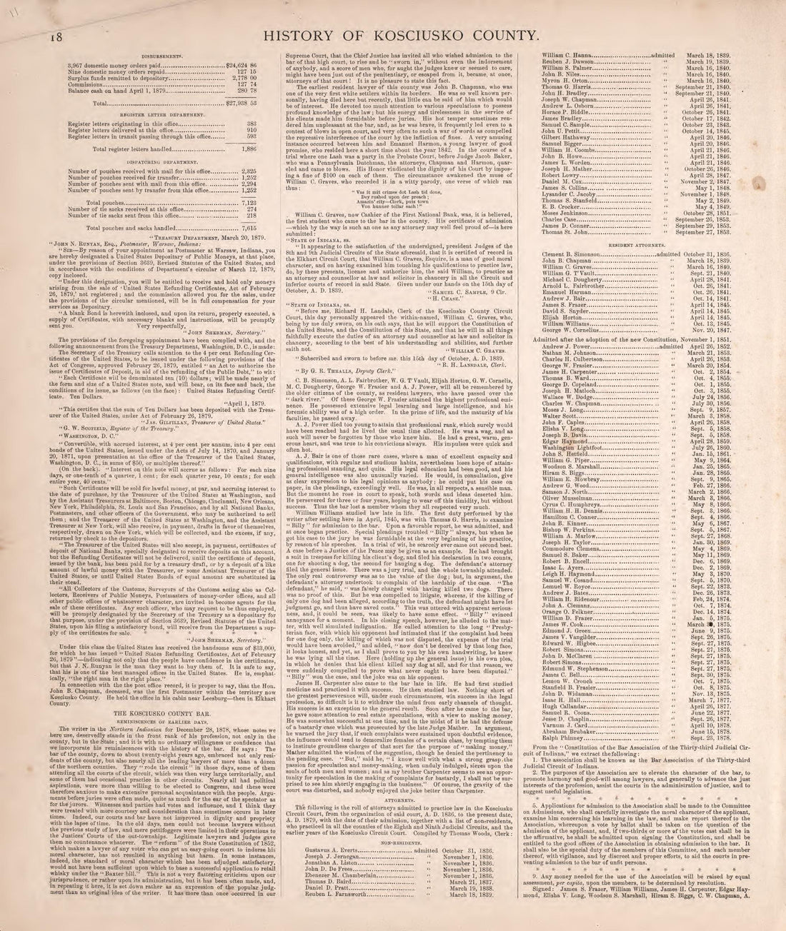 History of Kosciusko County (continued) from Combination Atlas Map of Kosciusko County, Indiana 1879 by Relic Map Company