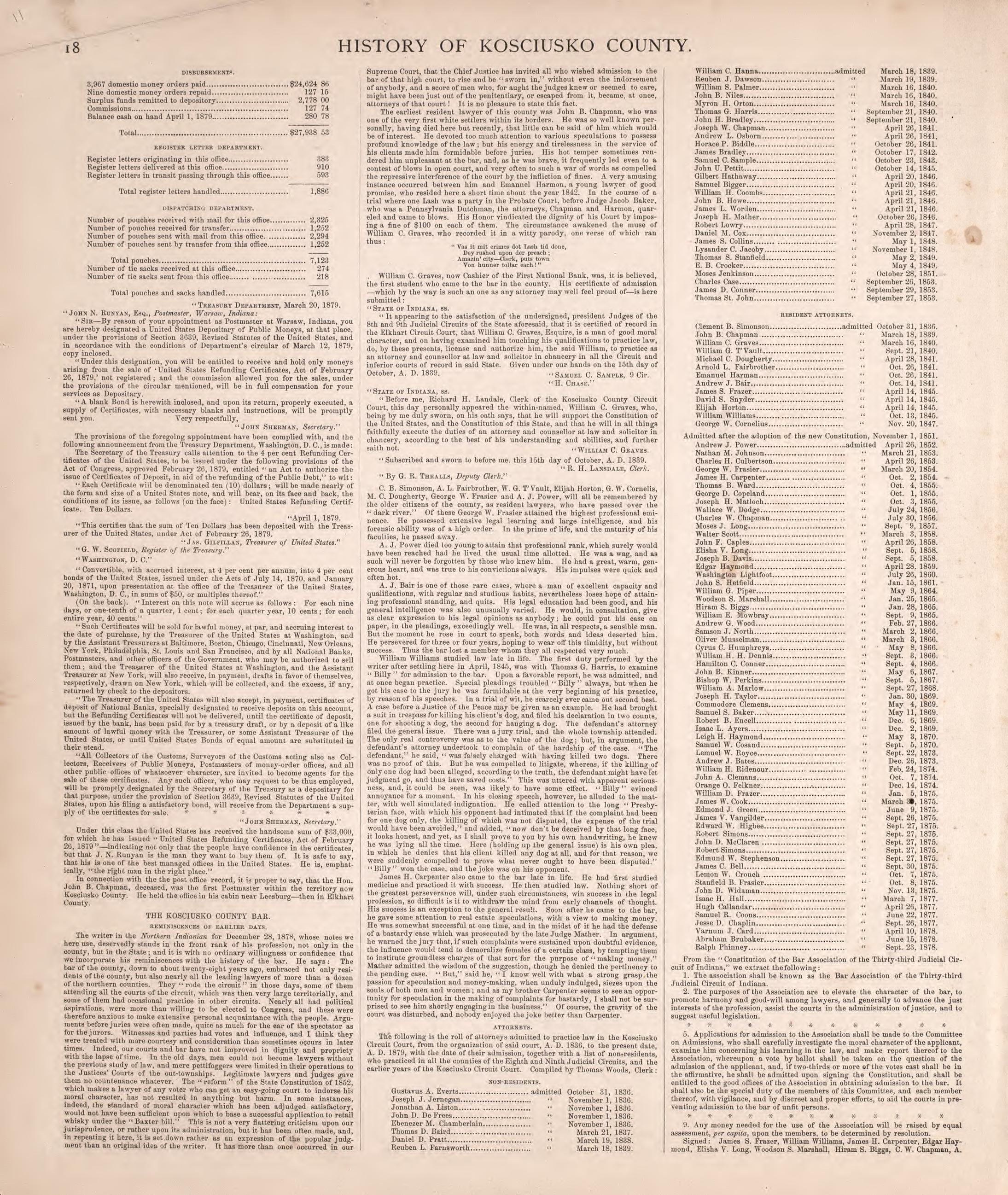 History of Kosciusko County (continued) from Combination Atlas Map of Kosciusko County, Indiana 1879 by Relic Map Company