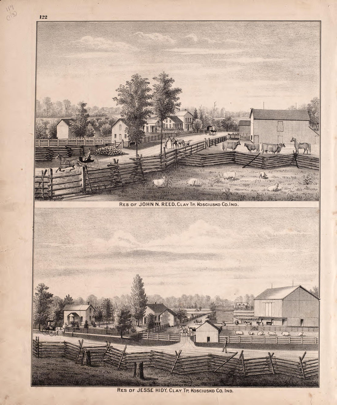 Reed &amp; Hidy Residences from Combination Atlas Map of Kosciusko County, Indiana 1879 by Relic Map Company