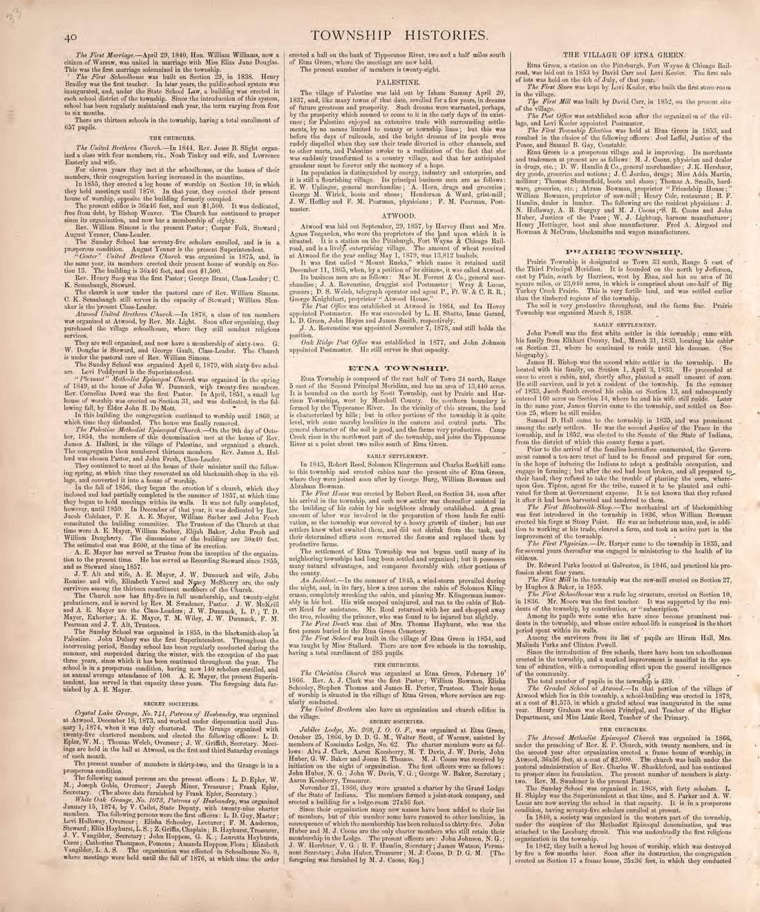 Township Histories (continued) from Combination Atlas Map of Kosciusko County, Indiana 1879 by Relic Map Company