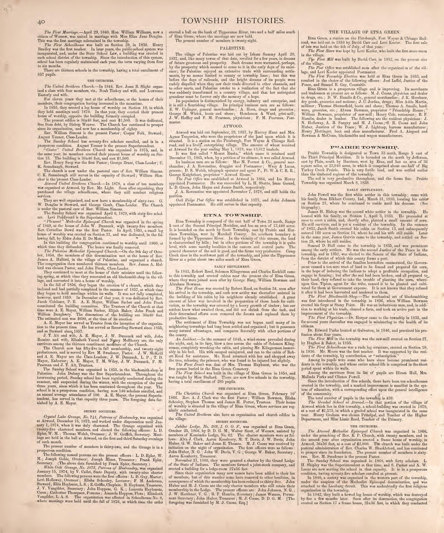 Township Histories (continued) from Combination Atlas Map of Kosciusko County, Indiana 1879 by Relic Map Company